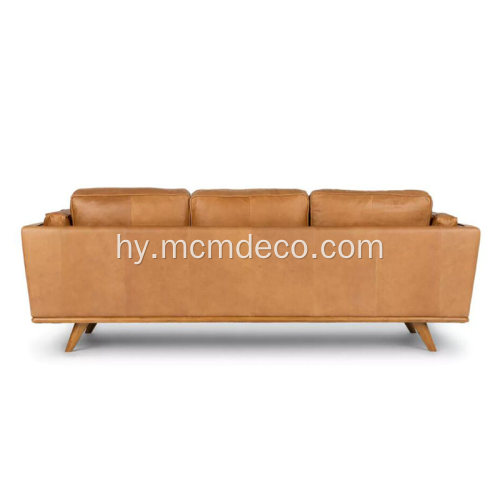 Mid-Century Modern Timber Charme Tan կաշվե բազմոց